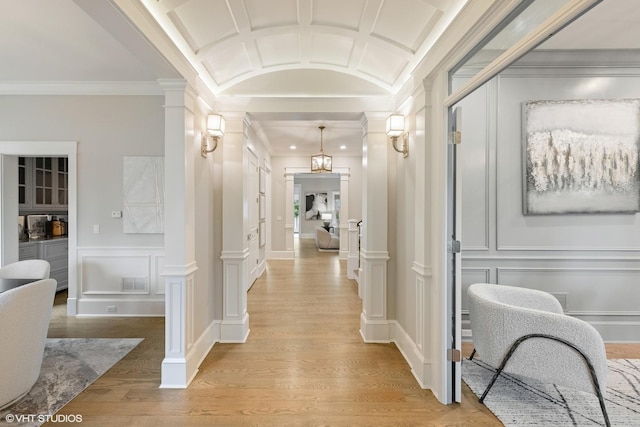 606 S Washington St, Hinsdale, IL 60521 - hall with a decorative wall, decorative columns, light wood-style flooring, and lofted ceiling