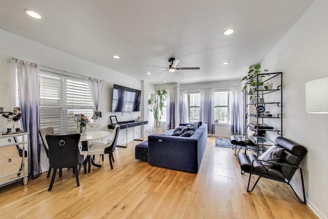 1900 N Laramie Ave, Chicago, IL 60639 - living area with light wood-style floors, a ceiling fan, and recessed lighting