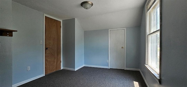 909 W 6th St, Dixon, IL 61021 - unfurnished bedroom with dark carpet, a textured ceiling, lofted ceiling, and multiple windows