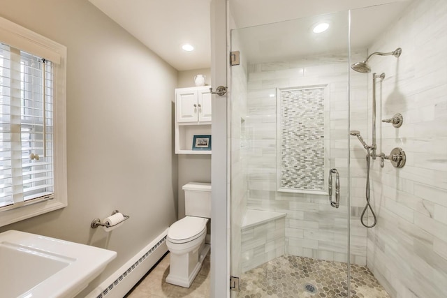 1311 E Woodford Pl, Arlington Heights, IL 60004 - bathroom with a stall shower, tile patterned flooring, recessed lighting, and a baseboard heating unit
