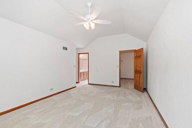 905 Pember Cir, West Dundee, IL 60118 - unfurnished bedroom with lofted ceiling, light colored carpet, a walk in closet, ensuite bathroom, and a ceiling fan