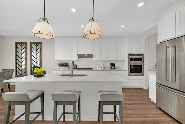 311 Snowdrop Ln, Elgin, IL 60124 - kitchen featuring stainless steel appliances, a kitchen bar, light countertops, under cabinet range hood, and recessed lighting