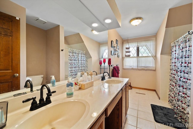 4S064 Hazelcrest Dr, Sugar Grove, IL 60554 - bathroom featuring tile patterned flooring, double vanity, and a shower with curtain