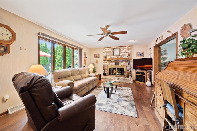 4S064 Hazelcrest Dr, Sugar Grove, IL 60554 - living area featuring a ceiling fan, wood finished floors, and a fireplace