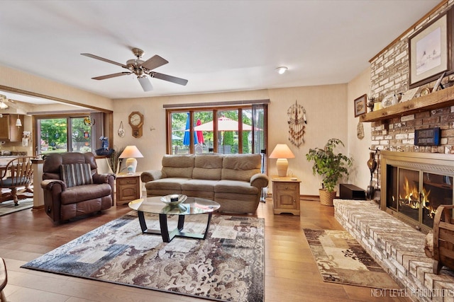 4S064 Hazelcrest Dr, Sugar Grove, IL 60554 - living area with a ceiling fan, hardwood / wood-style floors, and a fireplace