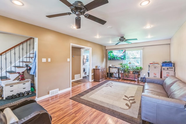 1313 Glen Hill Dr, Glendale Heights, IL 60139 - living area with a ceiling fan, wood finished floors, recessed lighting, and stairs
