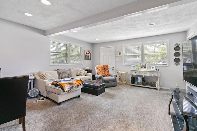 2602 Michael St, Wonder Lake, IL 60097 - carpeted living room featuring recessed lighting, plenty of natural light, a textured ceiling, and beamed ceiling