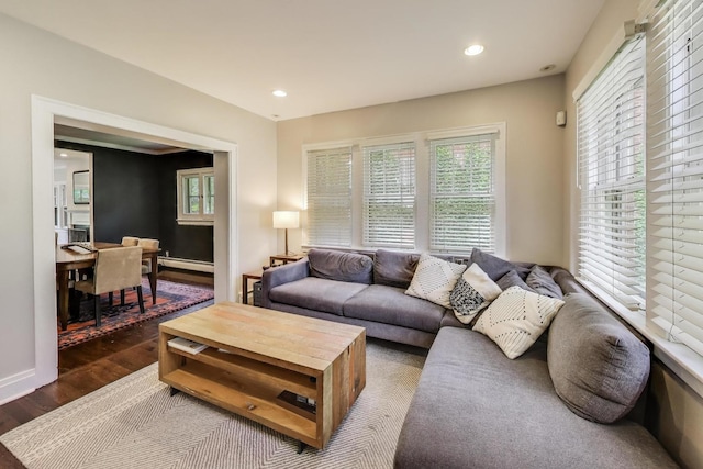 934 Jackson Ave, River Forest, IL 60305 - living room with dark wood-style flooring, a baseboard heating unit, and recessed lighting