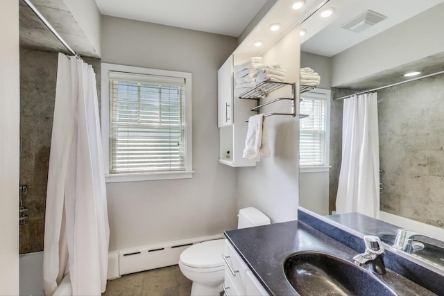 934 Jackson Ave, River Forest, IL 60305 - full bath featuring a baseboard radiator, vanity, shower / tub combo, recessed lighting, and tile patterned flooring