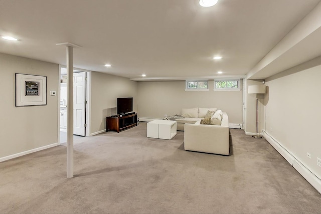 934 Jackson Ave, River Forest, IL 60305 - living room with a baseboard radiator, baseboard heating, light carpet, and recessed lighting