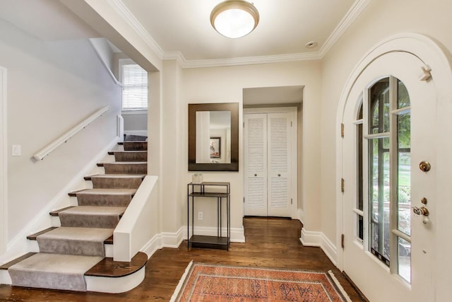 934 Jackson Ave, River Forest, IL 60305 - entryway featuring dark wood-type flooring, stairs, and ornamental molding