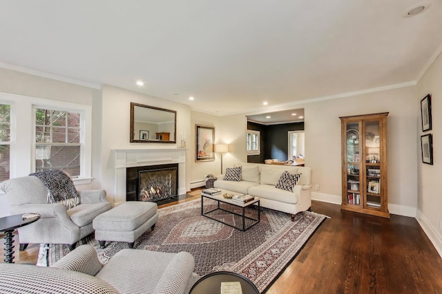934 Jackson Ave, River Forest, IL 60305 - living area with wood finished floors, crown molding, a lit fireplace, recessed lighting, and a baseboard radiator