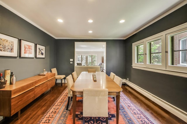 934 Jackson Ave, River Forest, IL 60305 - dining area featuring dark wood-type flooring, a baseboard heating unit, recessed lighting, and ornamental molding