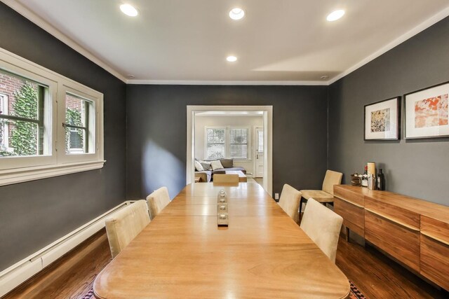 934 Jackson Ave, River Forest, IL 60305 - dining room featuring a baseboard heating unit, recessed lighting, dark wood-style flooring, plenty of natural light, and crown molding