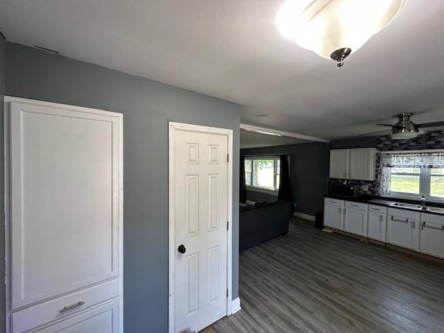 420 Wabash St, Wilmington, IL 60481 - kitchen with a ceiling fan, dark wood-style floors, white cabinets, and dark countertops