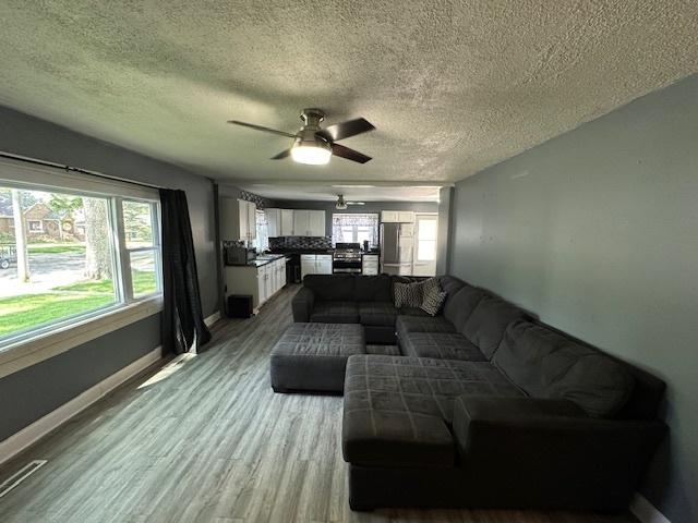420 Wabash St, Wilmington, IL 60481 - living area featuring a ceiling fan, a textured ceiling, and light wood-style floors