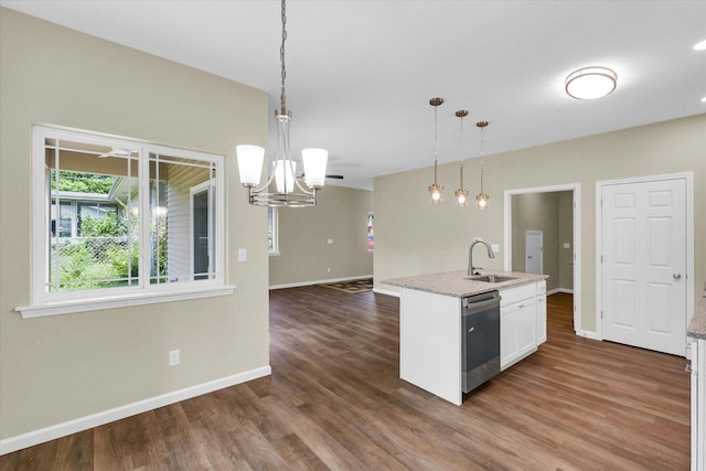 5 Montclair Rd Unit A, Urbana, IL 61801 - kitchen featuring stainless steel dishwasher, dark wood-style floors, a chandelier, pendant lighting, and white cabinetry