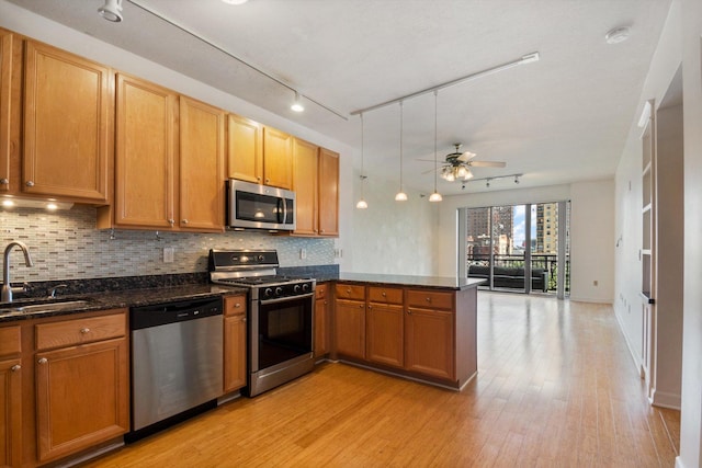5 E 14th Pl Unit 602, Chicago, IL 60605 - kitchen with stainless steel appliances, a peninsula, light wood finished floors, and track lighting