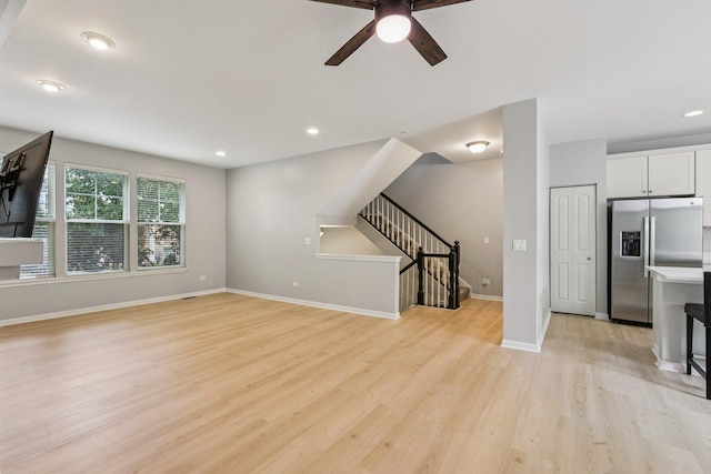5608 Cambridge Way, Hanover Park, IL 60133 - unfurnished living room featuring a ceiling fan, light wood finished floors, stairs, and recessed lighting