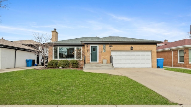 5660 N Rogers Ave, Chicago, IL 60646 - view of front of property featuring an attached garage, driveway, a front lawn, a chimney, and a shingled roof
