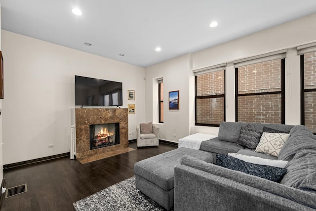 2150 W N Ave Unit 4, Chicago, IL 60647 - living room featuring dark wood-style floors, a fireplace, and recessed lighting