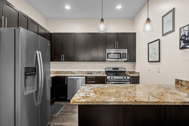 2150 W N Ave Unit 4, Chicago, IL 60647 - kitchen featuring stainless steel appliances, dark wood-type flooring, pendant lighting, a peninsula, and recessed lighting