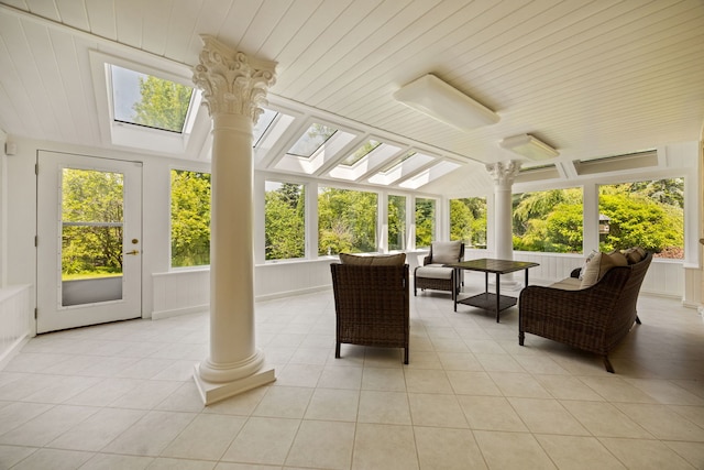 W3318 Lake Forest Ln, Lake Geneva, WI 53147 - sunroom / solarium with ornate columns, tile patterned floors, a skylight, vaulted ceiling, and wood ceiling