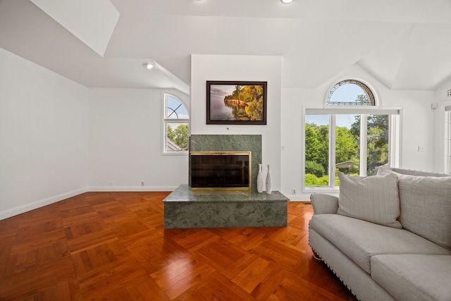 W3318 Lake Forest Ln, Lake Geneva, WI 53147 - living room with vaulted ceiling, healthy amount of natural light, recessed lighting, and a fireplace