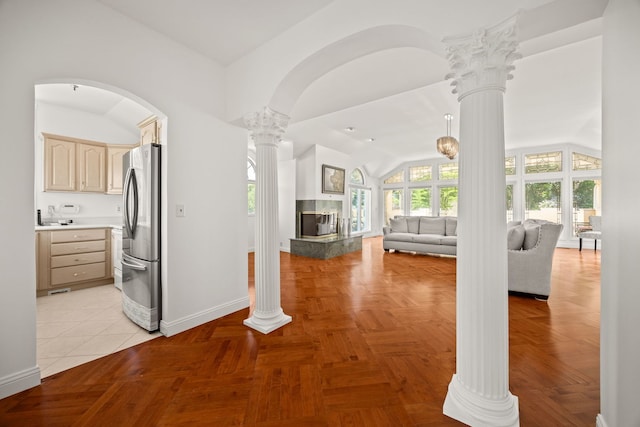 W3318 Lake Forest Ln, Lake Geneva, WI 53147 - corridor with decorative columns, lofted ceiling, and arched walkways