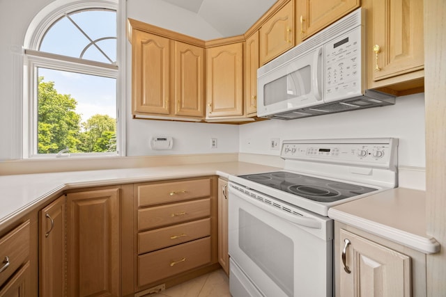 W3318 Lake Forest Ln, Lake Geneva, WI 53147 - kitchen featuring white appliances, plenty of natural light, light countertops, and light brown cabinetry