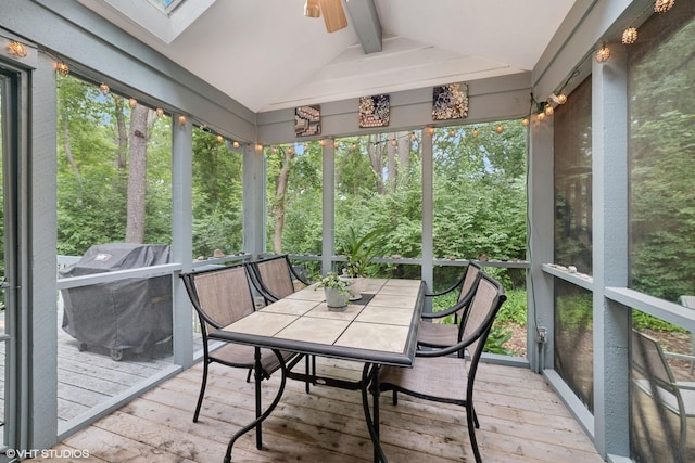 462 Kelly Ln, Crystal Lake, IL 60012 - sunroom with a skylight, a ceiling fan, and outdoor dining area