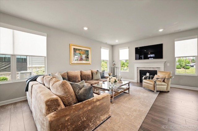 4116 Chelsea Manor Cir, Aurora, IL 60504 - living room featuring healthy amount of natural light, hardwood / wood-style flooring, a high end fireplace, and recessed lighting