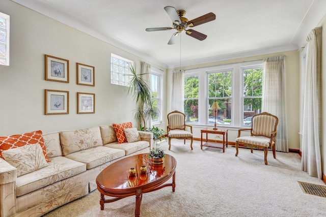 5143 N Monitor Ave, Chicago, IL 60630 - carpeted living room with ceiling fan and ornamental molding