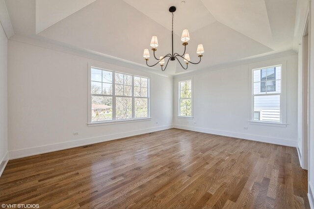 unfurnished room featuring a chandelier, wood finished floors, and a raised ceiling
