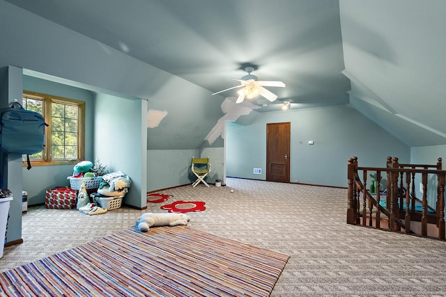 8414 W 119th St, Palos Park, IL 60464 - game room featuring carpet flooring, vaulted ceiling, and ceiling fan