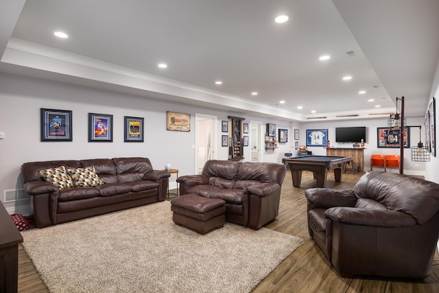 33 N Fremont St, Naperville, IL 60540 - living room with a raised ceiling, billiards table, wood finished floors, recessed lighting, and ornamental molding