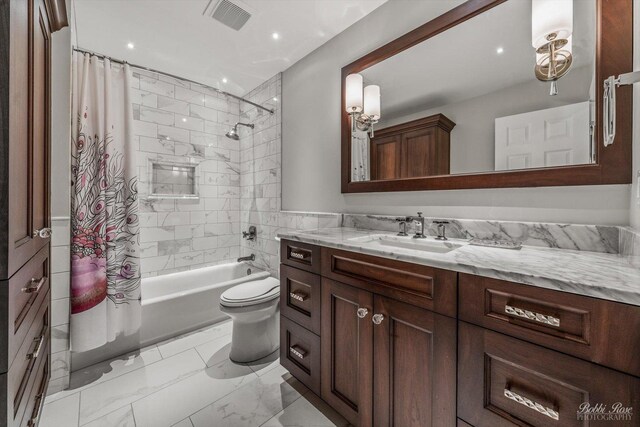 0S400 Crego Pl, Geneva, IL 60134 - bathroom featuring vanity, shower / tub combo with curtain, marble look tile flooring, and recessed lighting