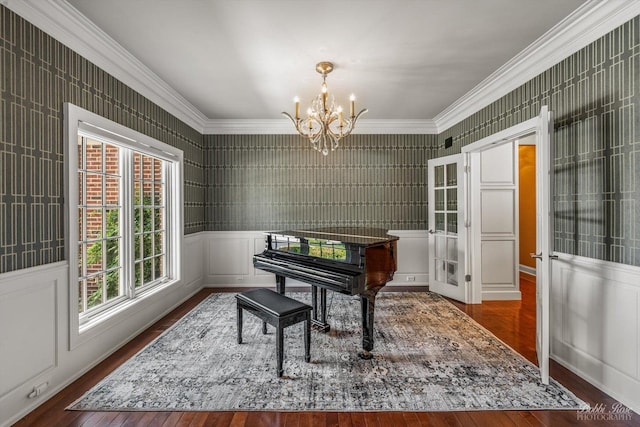 0S400 Crego Pl, Geneva, IL 60134 - dining area with a chandelier, crown molding, wood finished floors, and wallpapered walls
