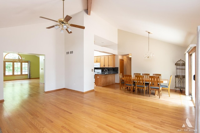 1196 Covington Dr, Lemont, IL 60439 - dining space with a chandelier, high vaulted ceiling, light wood-style floors, a ceiling fan, and beam ceiling