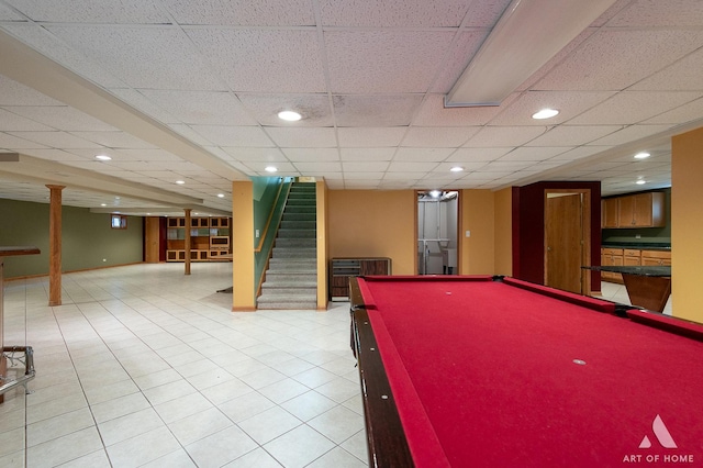 1196 Covington Dr, Lemont, IL 60439 - game room with billiards table, recessed lighting, light tile patterned floors, and a drop ceiling