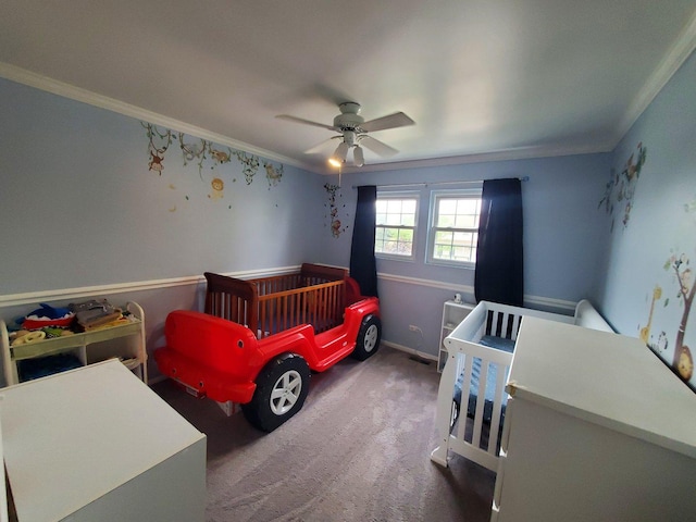 19707 S Skye Dr, Frankfort, IL 60423 - carpeted bedroom featuring ornamental molding, a crib, and a ceiling fan