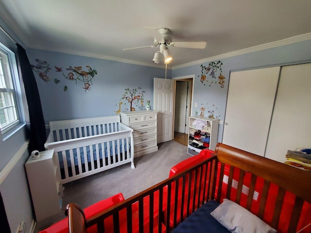 19707 S Skye Dr, Frankfort, IL 60423 - carpeted bedroom featuring ornamental molding, ceiling fan, and a closet