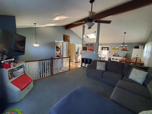 19707 S Skye Dr, Frankfort, IL 60423 - living room with beam ceiling, a ceiling fan, carpet floors, and high vaulted ceiling
