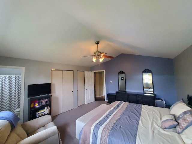19707 S Skye Dr, Frankfort, IL 60423 - bedroom with multiple closets, vaulted ceiling, carpet flooring, and a ceiling fan
