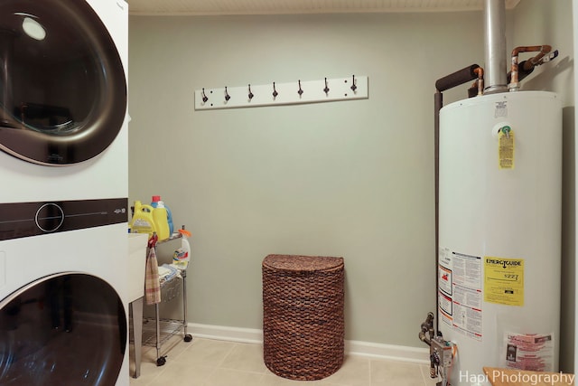 25134 W Lake Shore Dr, Ingleside, IL 60041 - laundry area featuring water heater, stacked washing machine and dryer, and tile patterned floors