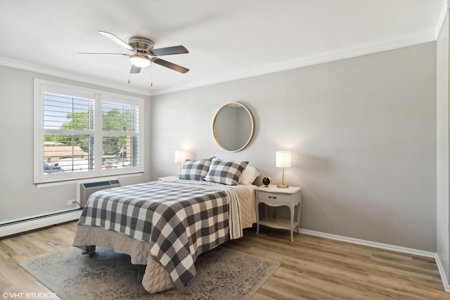 1127 S Old Wilke Rd Unit 201, Arlington Heights, IL 60005 - bedroom featuring ornamental molding, wood finished floors, a baseboard radiator, a ceiling fan, and a wall mounted AC