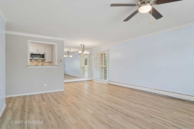 1127 S Old Wilke Rd Unit 201, Arlington Heights, IL 60005 - unfurnished living room featuring ornamental molding, a baseboard radiator, a chandelier, light wood-type flooring, and ceiling fan