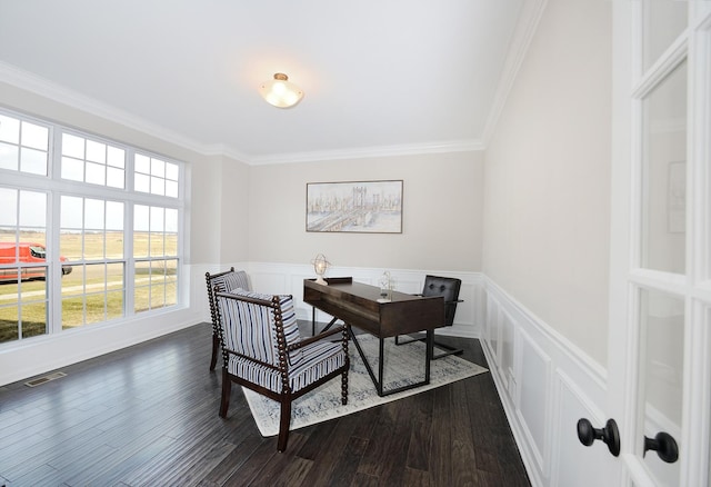 26944 W Old Kerry, Channahon, IL 60410 - home office with ornamental molding, dark wood-style flooring, and a wainscoted wall