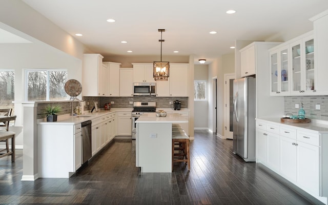 26944 W Old Kerry, Channahon, IL 60410 - kitchen featuring appliances with stainless steel finishes, a kitchen bar, tasteful backsplash, glass insert cabinets, and white cabinets