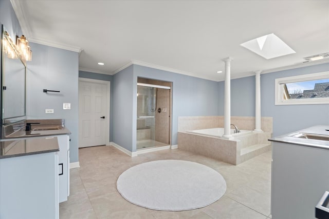 21170 Sage Brush Ln, Mokena, IL 60448 - bathroom with vanity, ornamental molding, a bath, a stall shower, and decorative columns